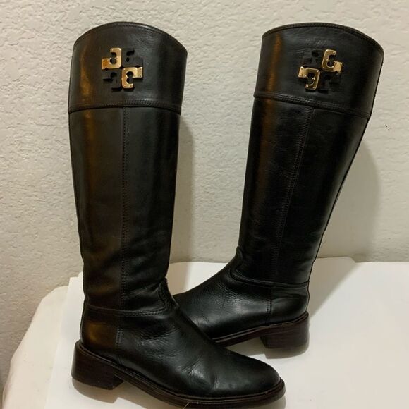 Tory Burch Lowell 2 Logo Brown  Leather Knee High Riding Boot 7 M Excellent - Picture 5 of 15